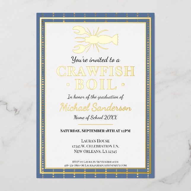 Crawfish Boil Seafood Blue Graduation Party Foil Invitation (Front)