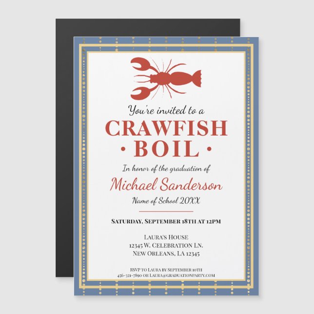 Crawfish Boil Seafood Blue Graduation Party Magnetic Invitation (Front/Back)