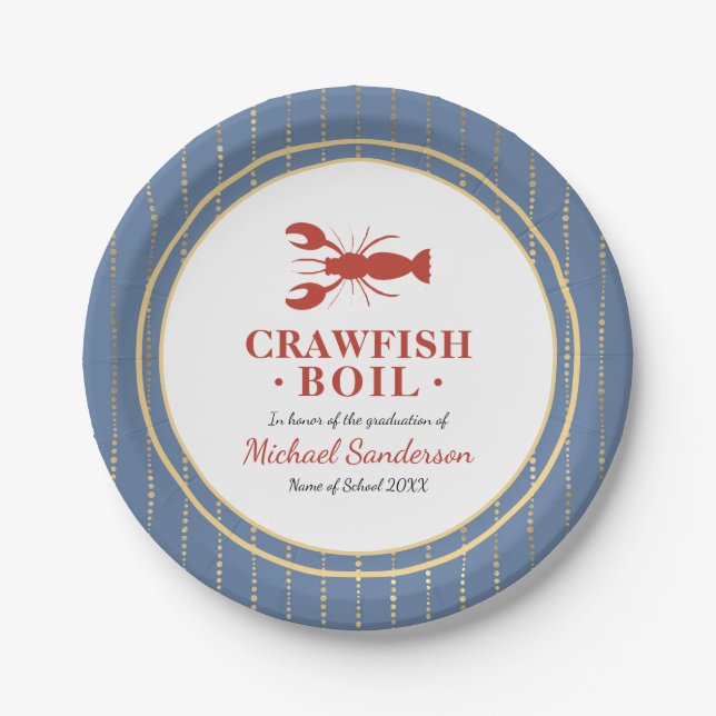 Crawfish Boil Seafood Blue Graduation Party Paper Plates (Front)