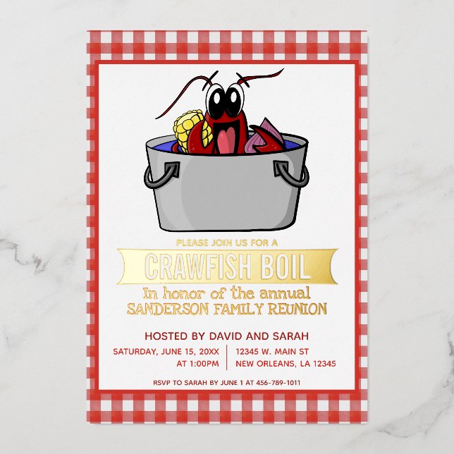 Crawfish Boil Seafood Party Picnic Family Reunion Foil Invitation (Front)