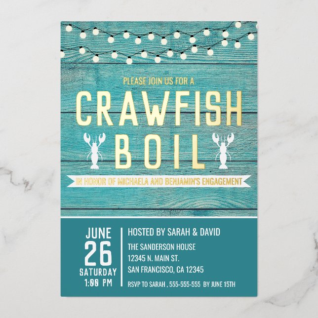 Crawfish Boil Special Event Blue Engagement Party Foil Invitation (Front)