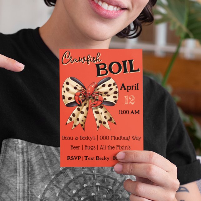 Crawfish Boil with Leopard Bow and Cute Mudbug Holiday Card (Crawfish boil invitation with cute mudbug sitting on a leopard print bow.  Fully customizable. )