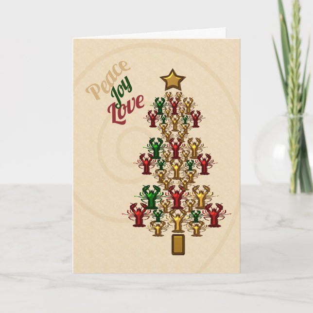 Crawfish Lobster Peace Love Joy Christmas Tree Holiday Card (Front)