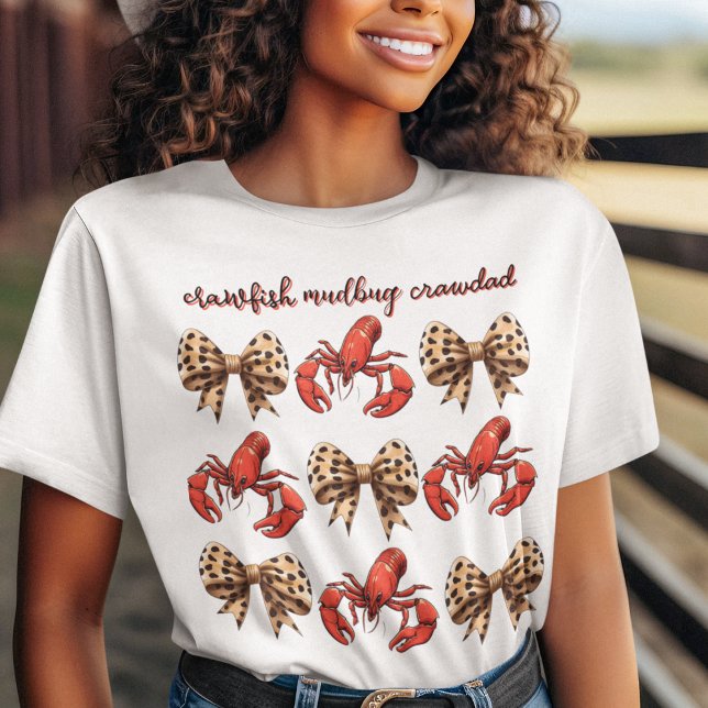 Crawfish Mudbug Crawdad with Leopard Bow Coquette  T-Shirt (Crawdaddy with cute leopard bows on a customizable t shirt for Crawfish Season! )
