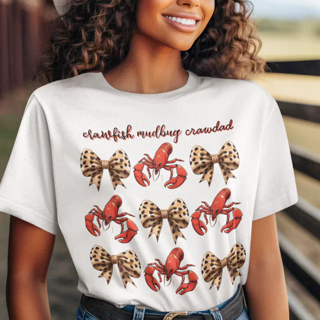 Crawfish Mudbug Crawdad with Leopard Bow Coquette T-Shirt