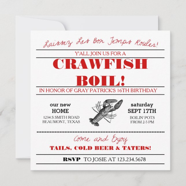 Crawfish or Low Country Boil Invitation (Front)