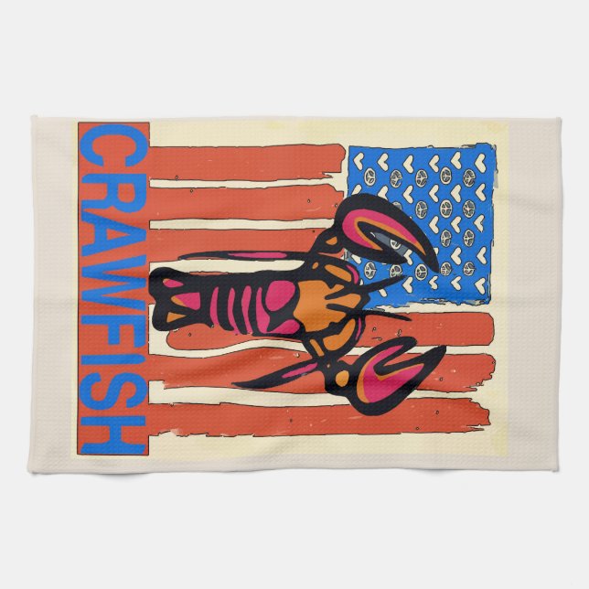 Crawfish Red Blue Flag Kitchen Towel (Horizontal)
