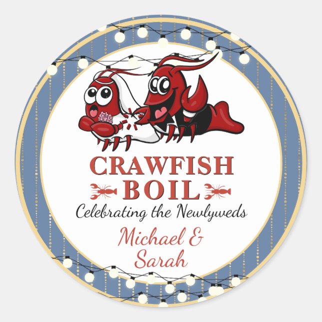 Crawfish Seafood Boil Blue Newlywed Engagement Classic Round Sticker (Front)