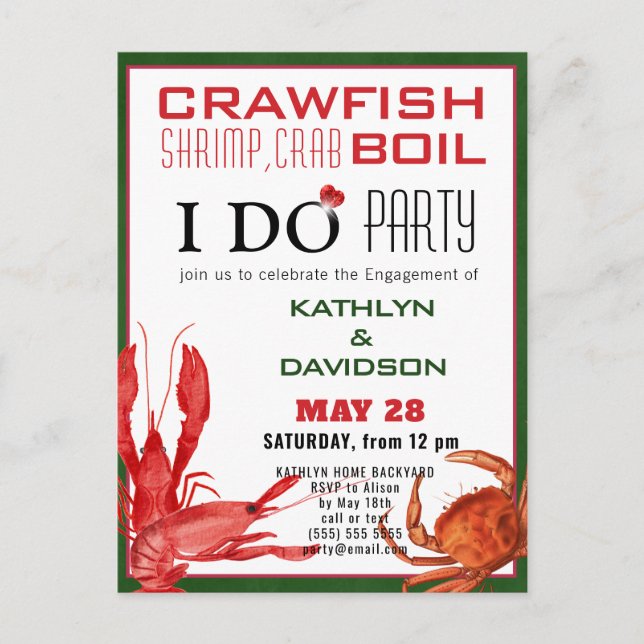 Crawfish Seafood Boil Engagement Party Invitation Postcard (Front)