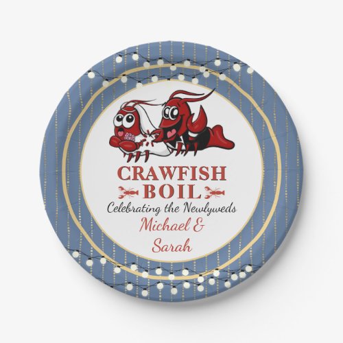 Crawfish Seafood Boil Newlyweds or Engagement Blue Paper Plates