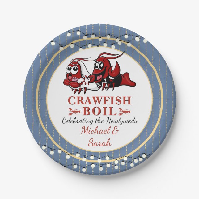 Crawfish Seafood Boil Newlyweds or Engagement Blue Paper Plates (Front)