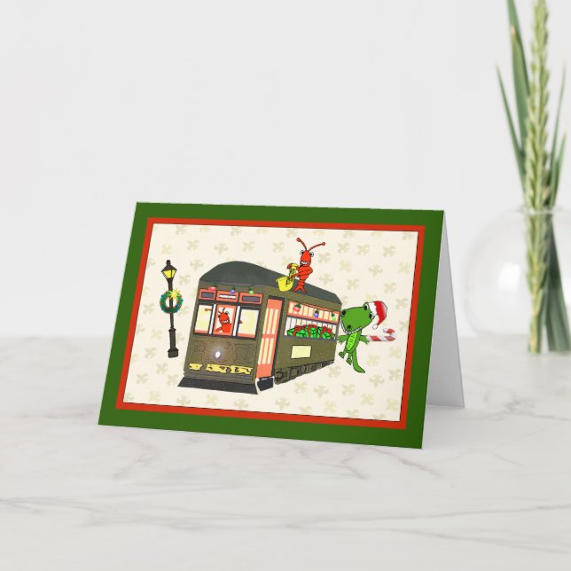 Crawfish Street Car Alligator French Quarter Xmas Holiday Card (Front)