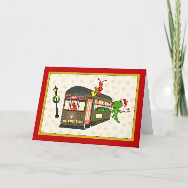 Crawfish Street Car Alligator New Orleans Xmas Holiday Card (Front)
