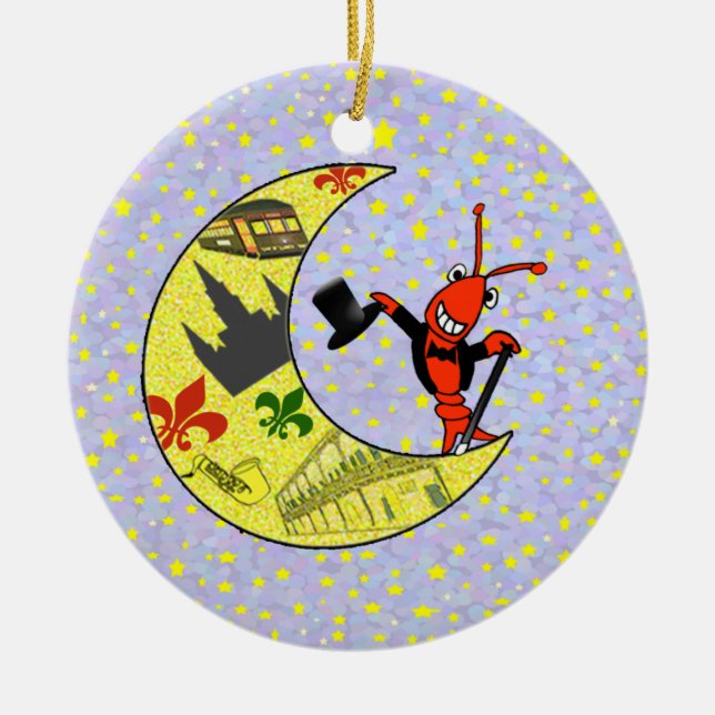 Crawfish Top Hat Crescent Moon Ceramic Ornament (Front)