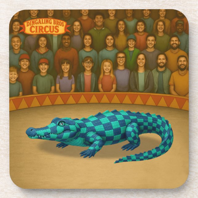 Crawford, painted circus crocodile beverage coaster (Front)