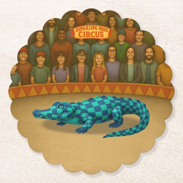 Crawford, painted circus crocodile paper coaster (Front)