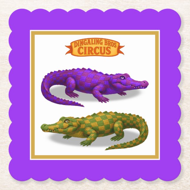 Crawford, painted circus crocodile paper coaster (Front)