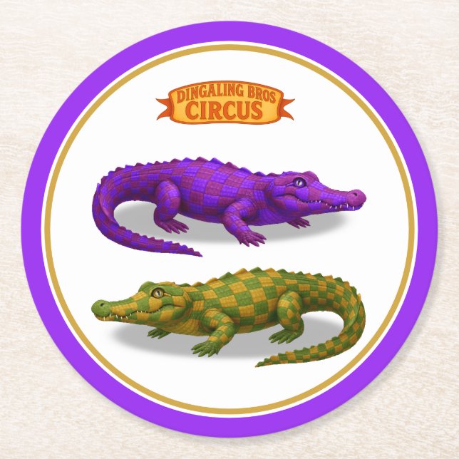 Crawford, painted circus crocodile round paper coaster (Front)