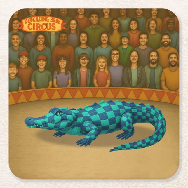 Crawford, painted circus crocodile square paper coaster (Front)