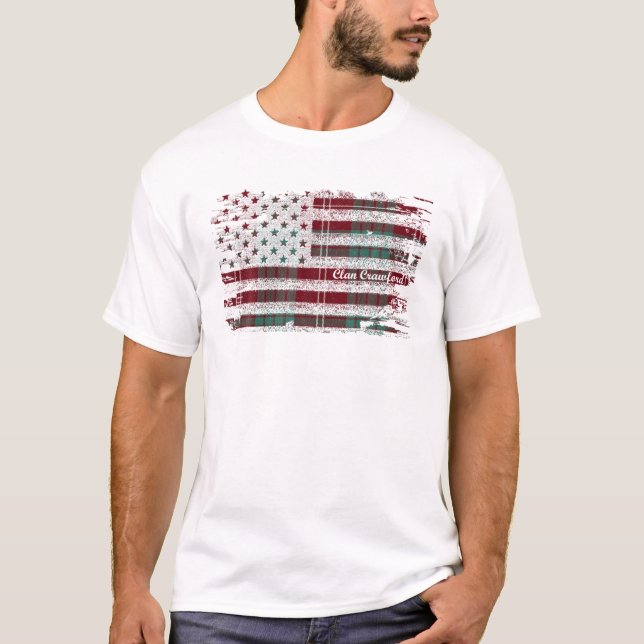 Crawford Surname American Flag Scottish Clan Tarta T-Shirt (Front)