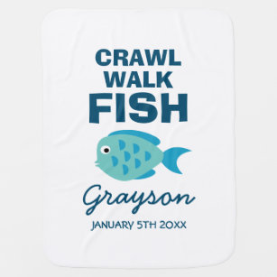 Crawl walk fish cute fishing print custom name new baby blanket