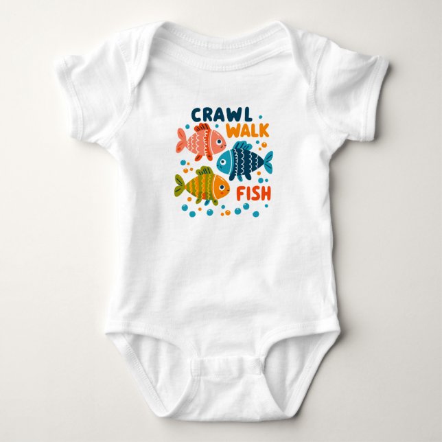Crawl Walk Fish | Fishing Aquatic Milestones Baby Bodysuit (Front)