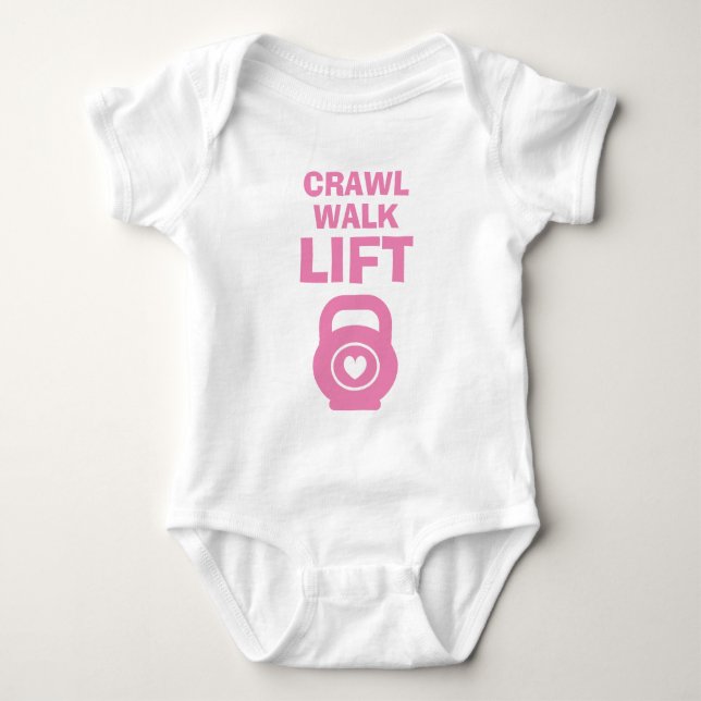 CRAWL WALK LIFT cute pink kettlebell baby bodysuit (Front)