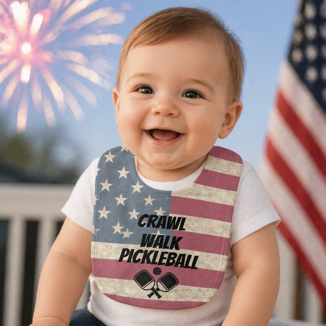 Crawl Walk Pickleball American Flag Funny Baby Bib (Creator Uploaded)