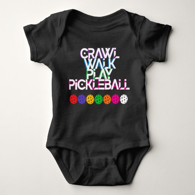 Crawl, walk, play pickleball - pickle balls baby bodysuit (Front)