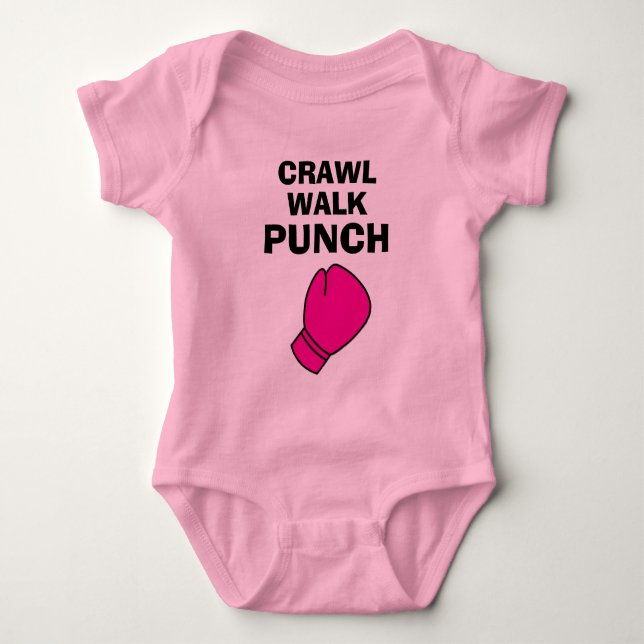 Crawl Walk Punch pink boxing glove baby bodysuit  (Front)