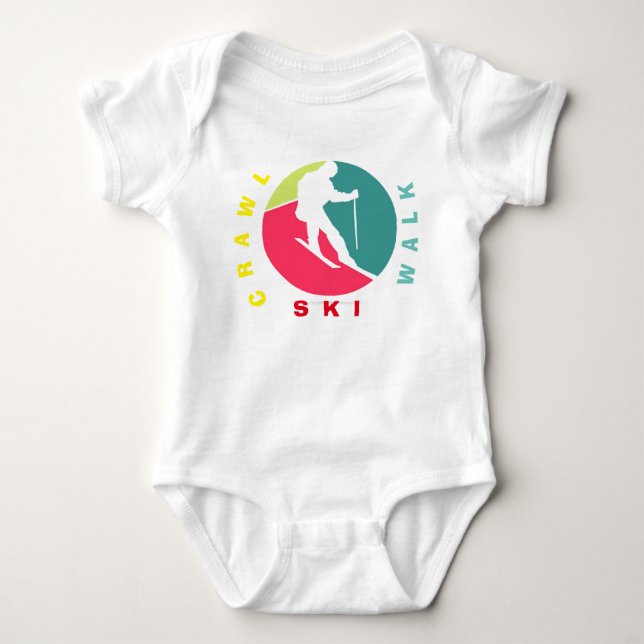 Crawl,walk,ski, girly baby funny skiing baby bodysuit (Front)