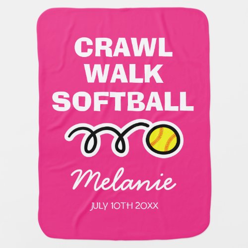 Crawl walk softball cute girly pink custom name baby blanket