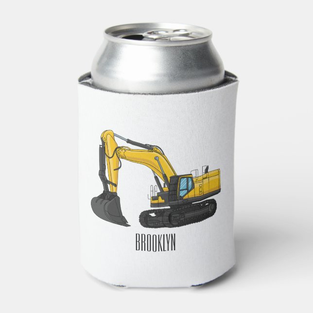 Crawler excavator cartoon illustration can cooler (Can Front)