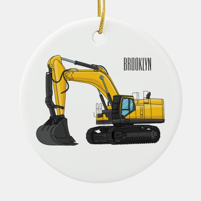 Crawler excavator cartoon illustration ceramic ornament (Front)