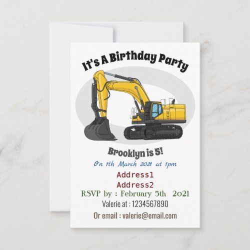 Crawler excavator cartoon illustration invitation