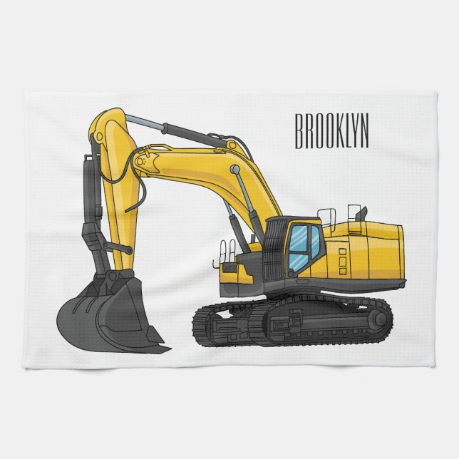 Crawler excavator cartoon illustration kitchen towel (Horizontal)