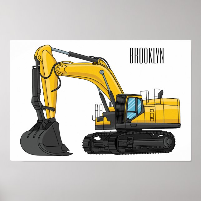 Crawler excavator cartoon illustration poster (Front)