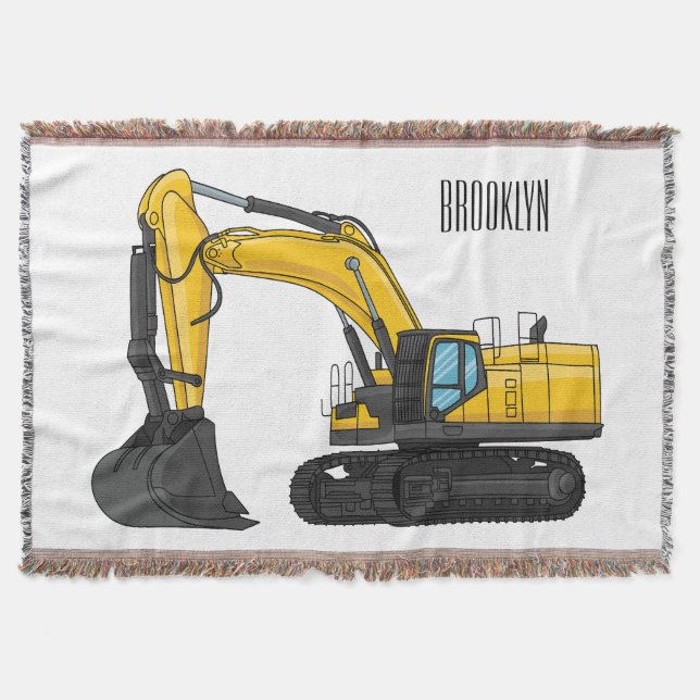Crawler excavator cartoon illustration throw blanket (Front)