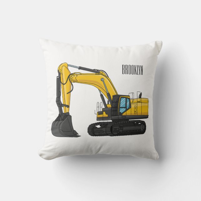 Crawler excavator cartoon illustration throw pillow (Front)