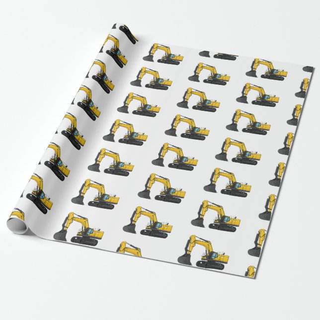 Crawler excavator cartoon illustration wrapping paper (Unrolled)