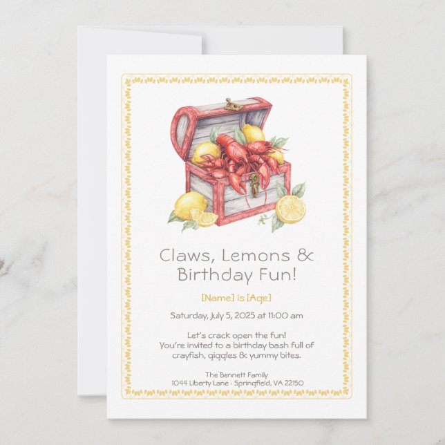 Crayfish & Lemon Treasure Chest Birthday  Invitation (Front)