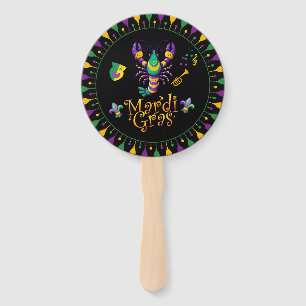 Crayfish/trumpet/mask/fleur de lis Mardi Gras Hand Fan