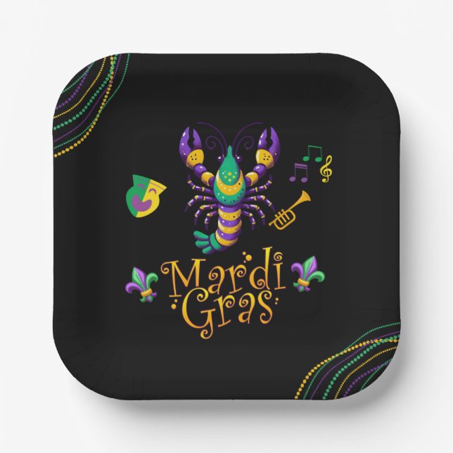 Crayfish/trumpet/mask/fleur de lis Mardi Gras  Paper Plates (Front)