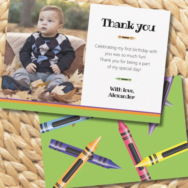 Crayon 1st Birthday Green Photo Thank You Card (Creator Uploaded)