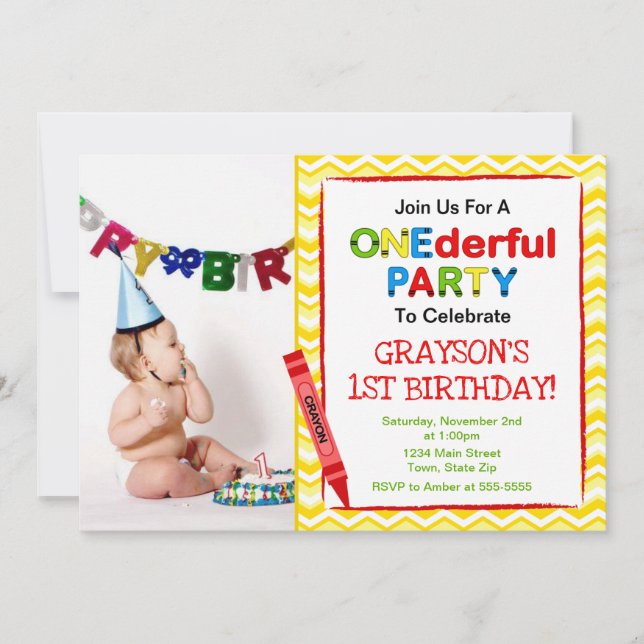 Crayon 1st Birthday Party Invitation Photo Card (Front)