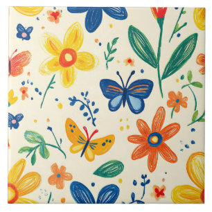 Crayon and Butterfly Flowers Ceramic Tile