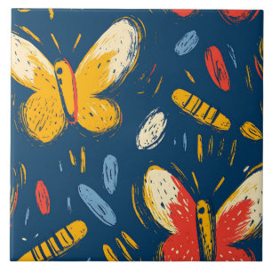 Crayon and Butterfly Flowers Ceramic Tile
