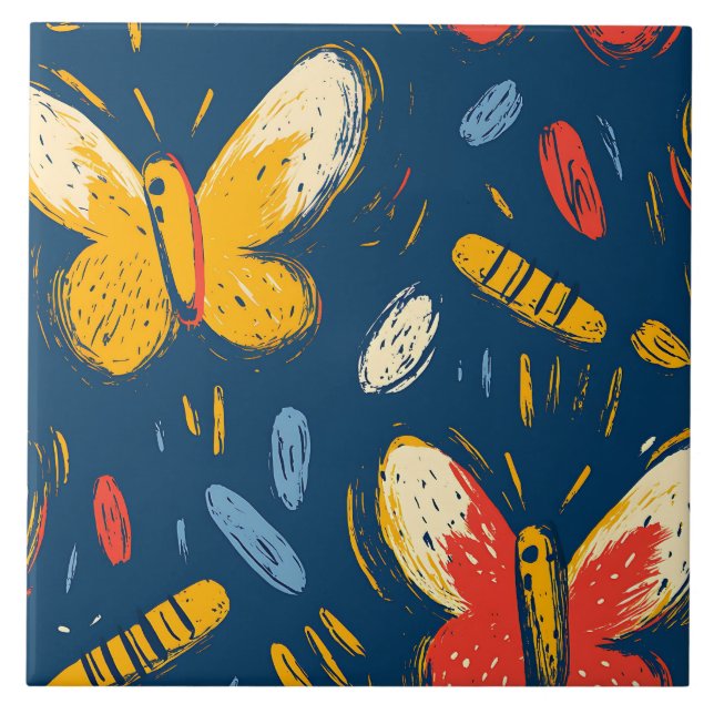 Crayon and Butterfly Flowers Ceramic Tile (Front)