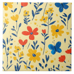 Crayon and Butterfly Flowers Ceramic Tile