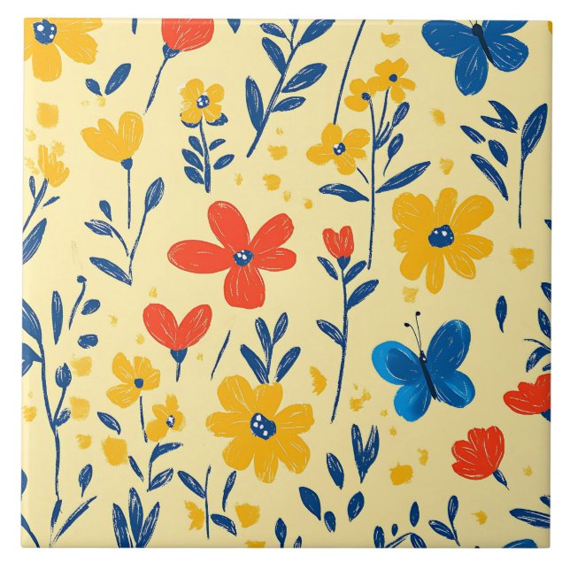 Crayon and Butterfly Flowers Ceramic Tile (Front)